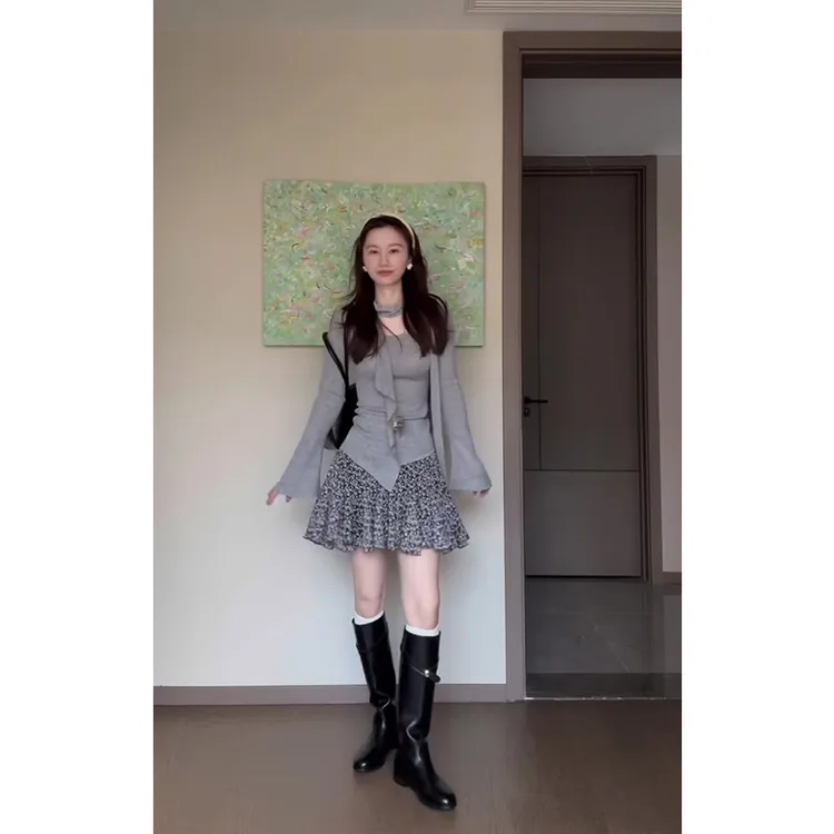 MARIE.COCO法式小香风灰色飘带长袖针织衫上衣女秋季碎花半身短裙