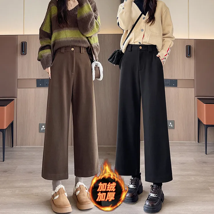 美拉德咖色毛呢西装阔腿裤女秋冬2025新款加绒小个子九分直筒裤子