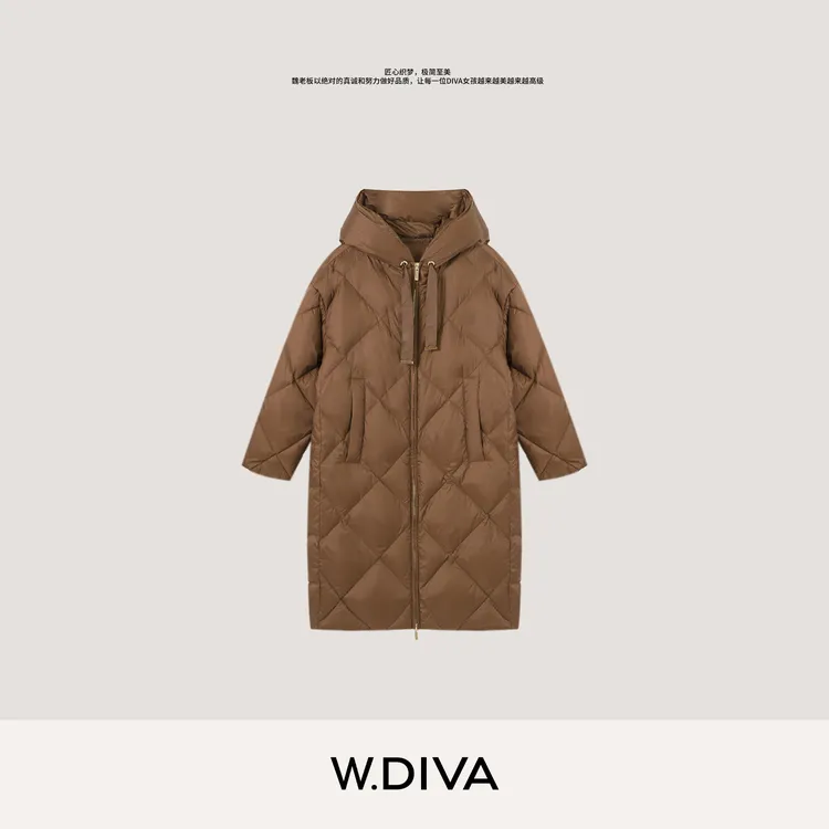 W.Diva【御冬臻品】秋冬明星长款90白鹅菱格连帽羽绒服54C153209