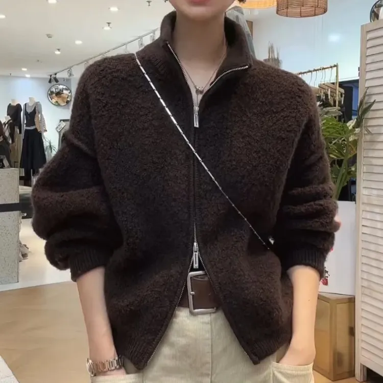 欧货立领短款颗粒绒外套女秋冬小个子宽松显瘦时尚百搭羊羔绒上衣