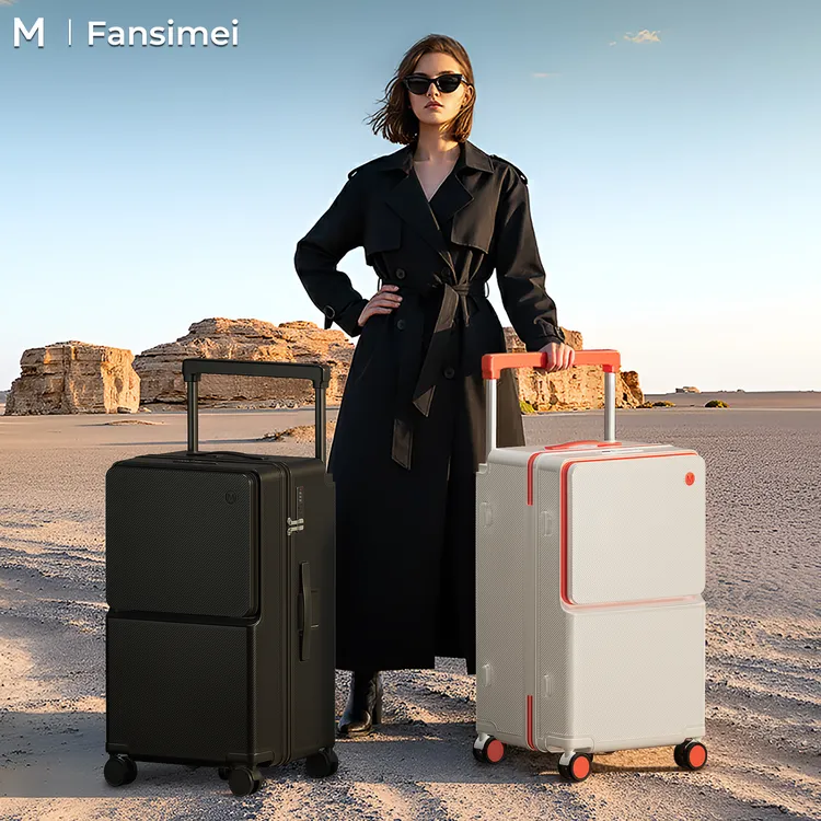 FANSIMEI【宽拉杆桃皮绒内里】前开口可放电脑大容量双层拉链密码箱