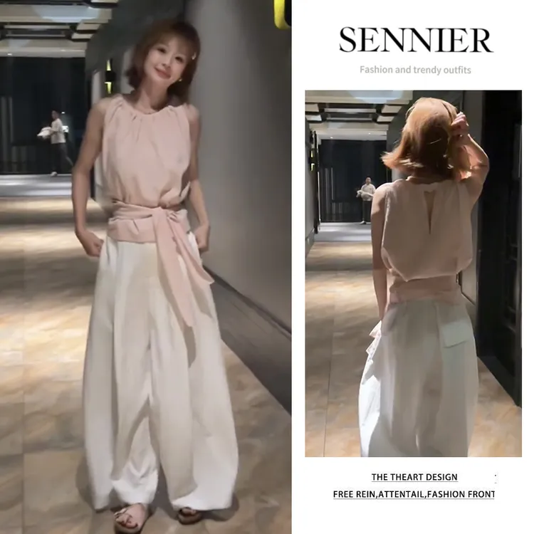 今年流行穿搭一整套2025新款韩版设计感绑带无袖上衣阔腿裤两件套