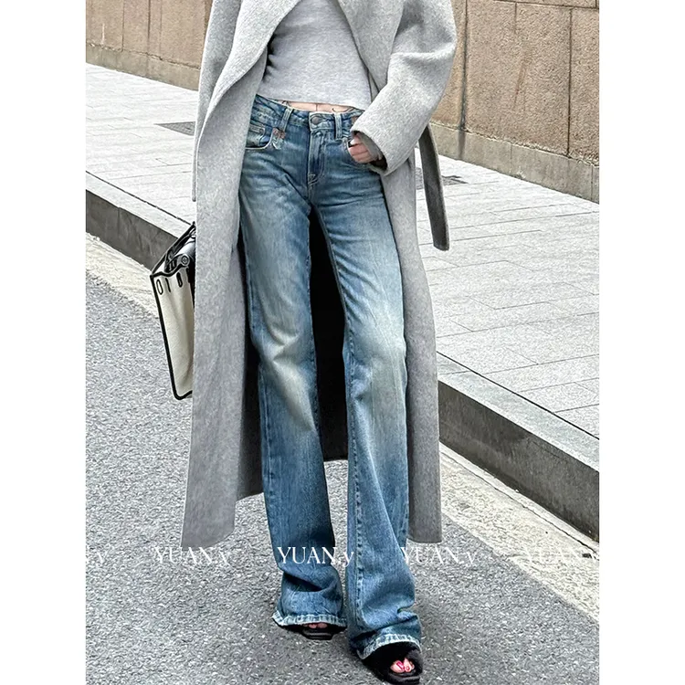 媛媛【腿长1.1m】蓝色窄版阔腿牛仔裤女秋新款高腰直筒拖地裤#K1193