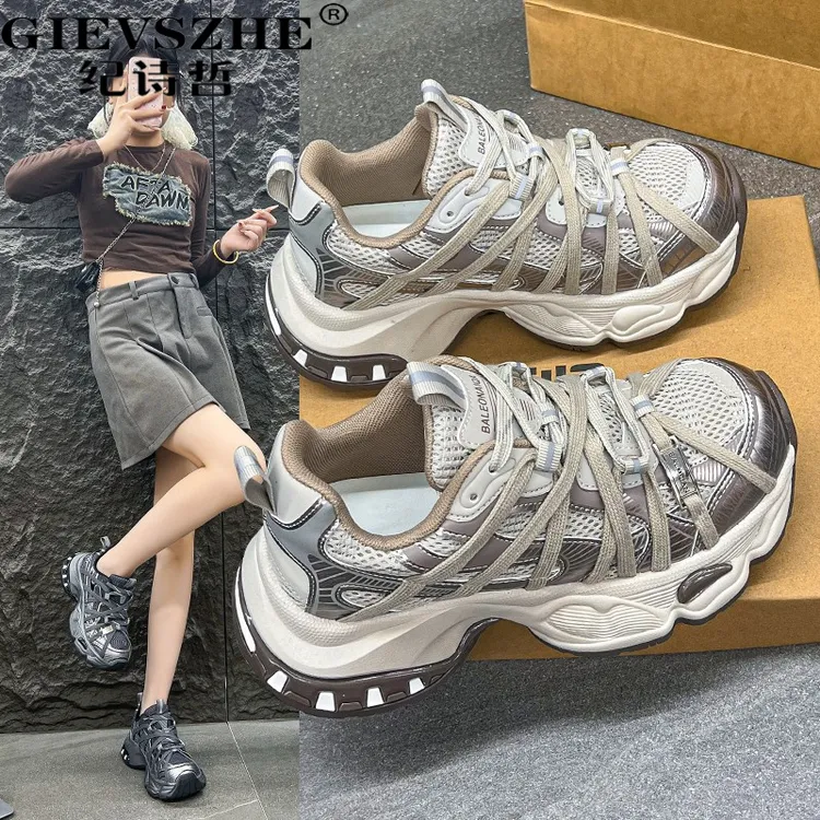 纪诗哲厚底增高老爹鞋女秋季新款百搭复古蜘蛛绑带时尚休闲运动鞋