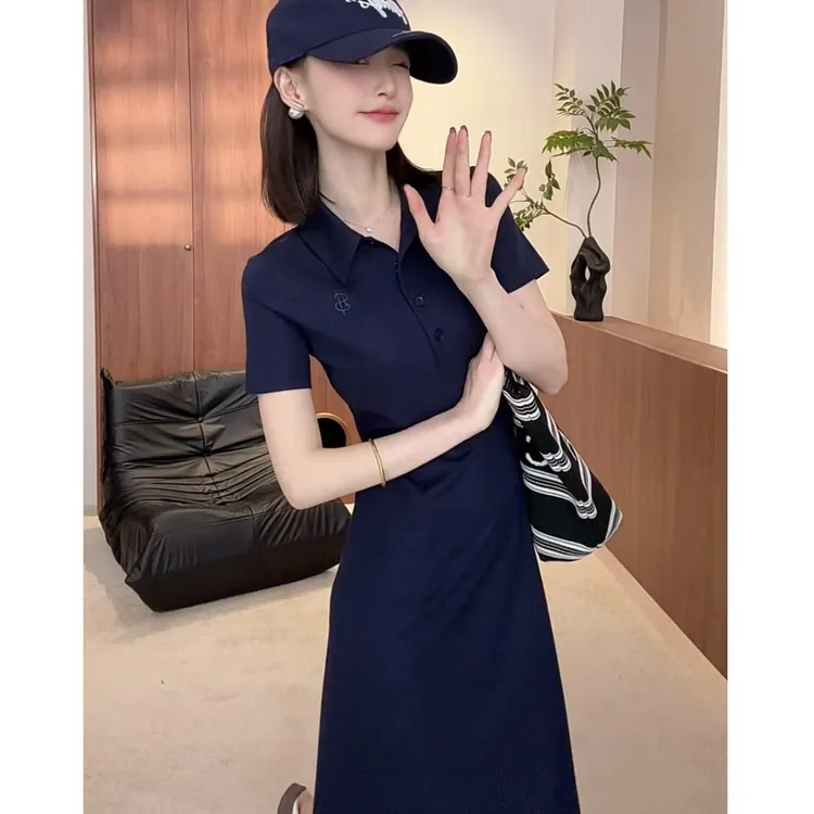 2025夏季纯色长款藏青色POLO显瘦气质休闲百搭韩版连衣裙
