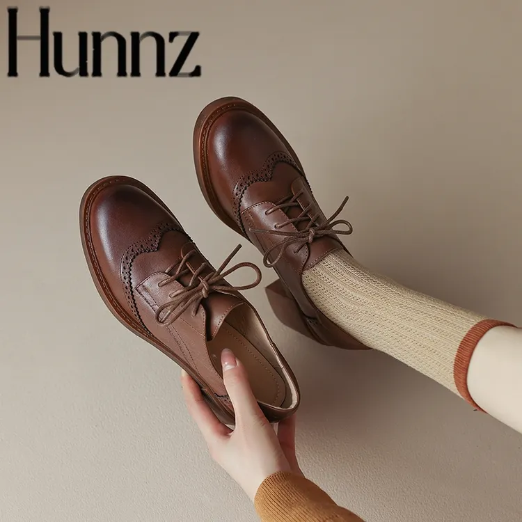 hunnz绑带布洛克小皮鞋英伦风乐福鞋女2025新款夏单鞋高跟厚底41