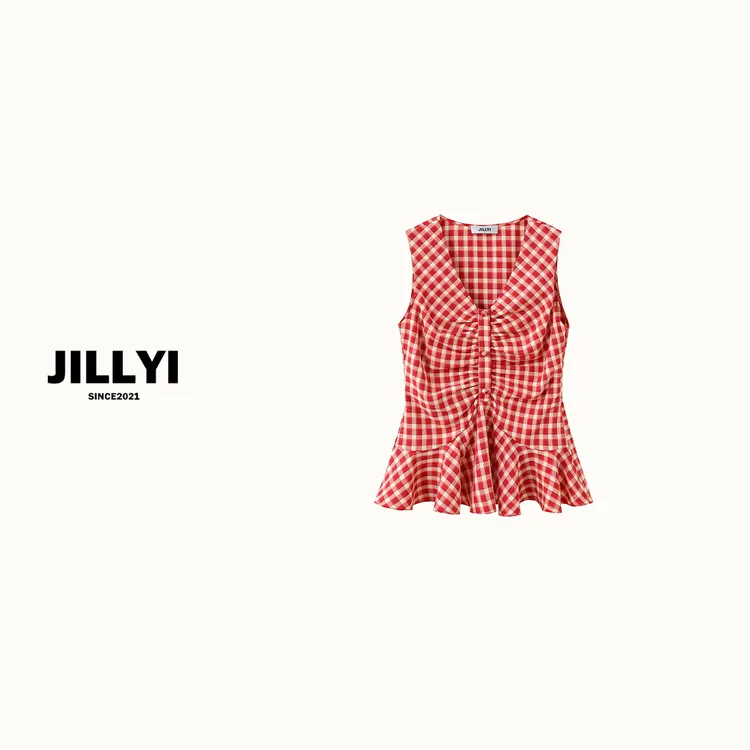 JILLYI珠海店【草莓芝士】黑红两色V领格子无袖时尚T恤夏季百