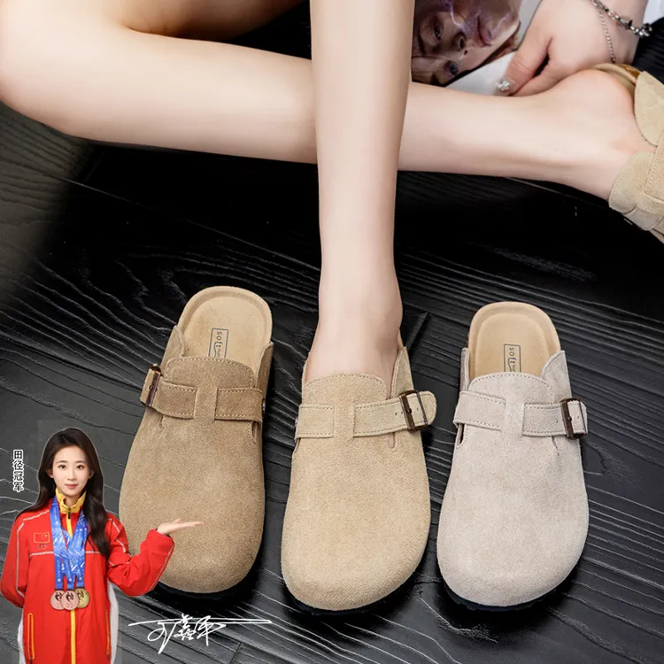 牛皮版~增高勃肯包头半拖鞋女2025新款软萌单鞋厚底夏外穿女款