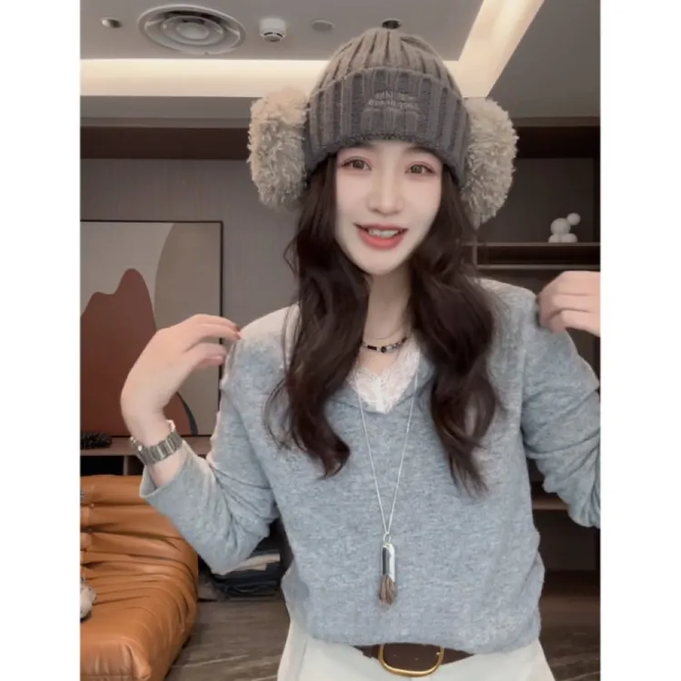 【城市定律】100%羊毛衫蕾丝拼接假两件气质V领针织衫女