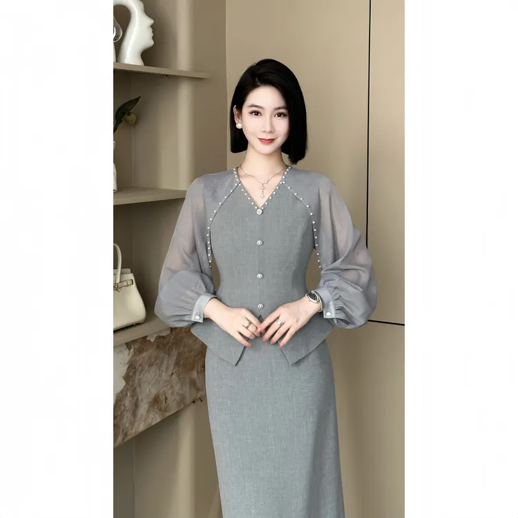 格娜春季2025新款轻奢优雅小香风时尚洋气高品质裙子灰色套装
