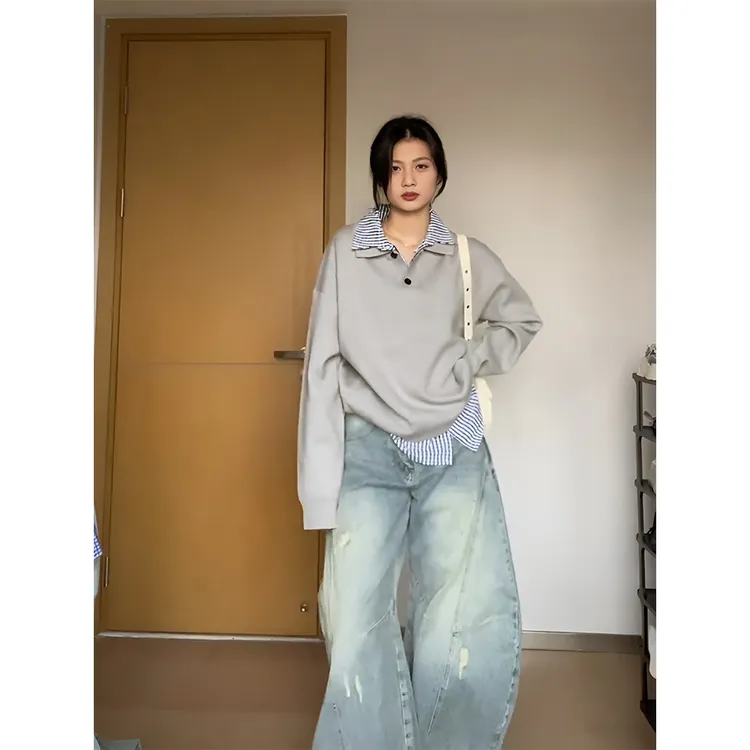 韩系开春假两件格纹拼接学院风长袖翻领纽扣卫衣女慵懒上衣 