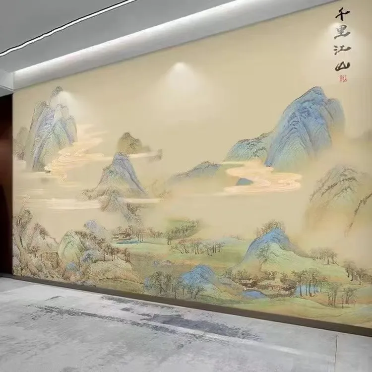 新中式千里江山图壁画背景墙壁纸3d自粘墙贴纸墙面最新款客厅墙布