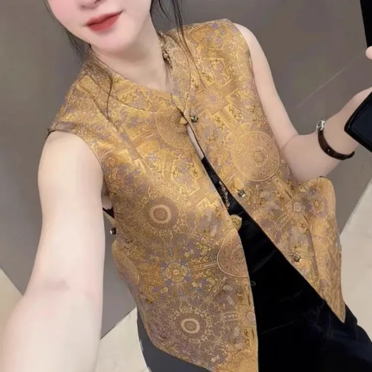 新中式国风锦缎提花马甲女2025新款春秋复古盘扣坎肩背心外搭上衣