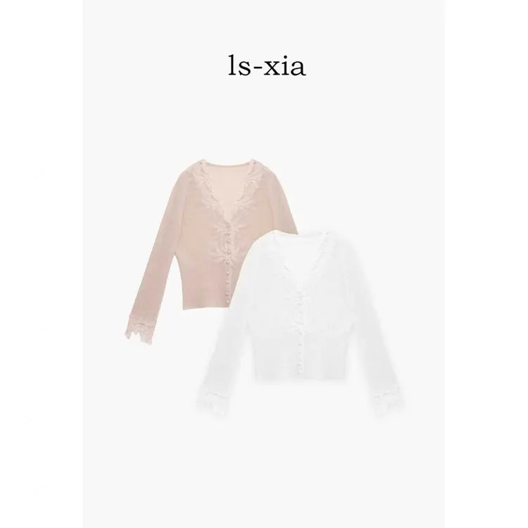 【云感羊绒】100%羊绒针织开衫V领勾花蕾丝毛衣气质百搭秋冬针织衫