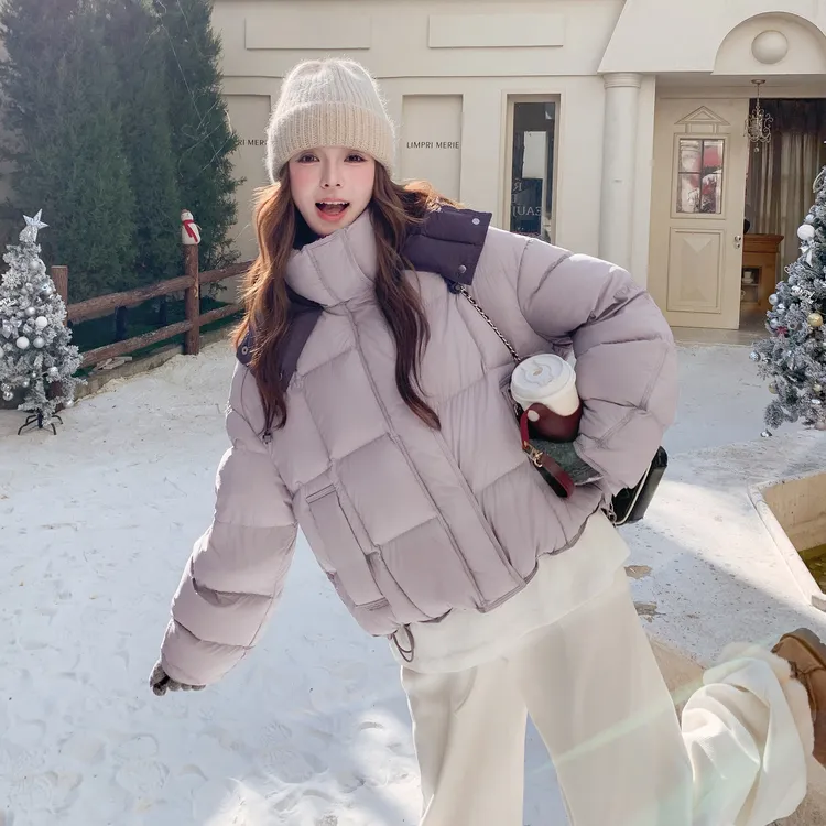 连帽拼接面包羽绒服女短款2025冬季新款高级感小个子加厚保暖外套