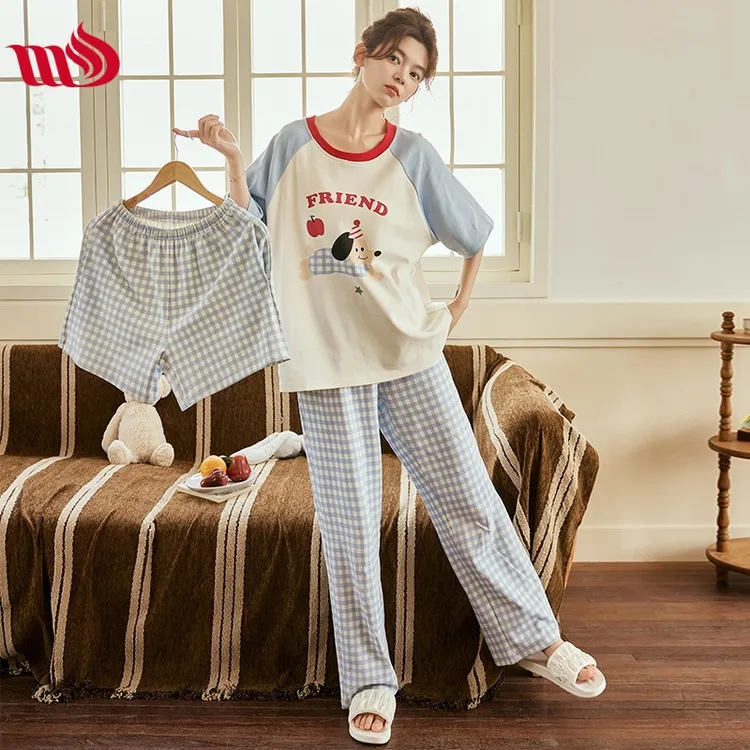 睦隆世家睡衣女夏三件套带胸垫棉质爆款2025新款家居服可外穿学生