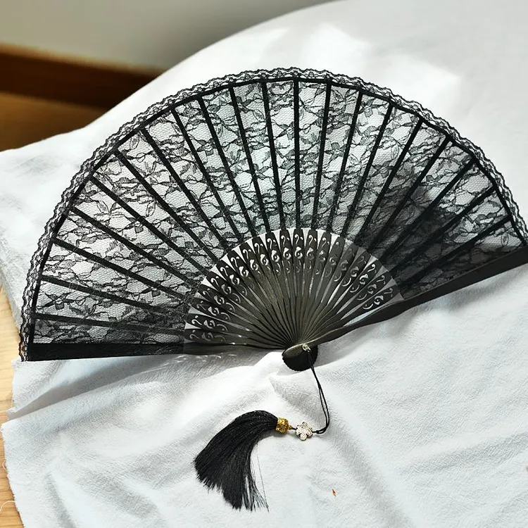 黑色蕾丝折扇性感女式舞蹈随身折叠竹制扇子古风汉服旗袍舞台走秀