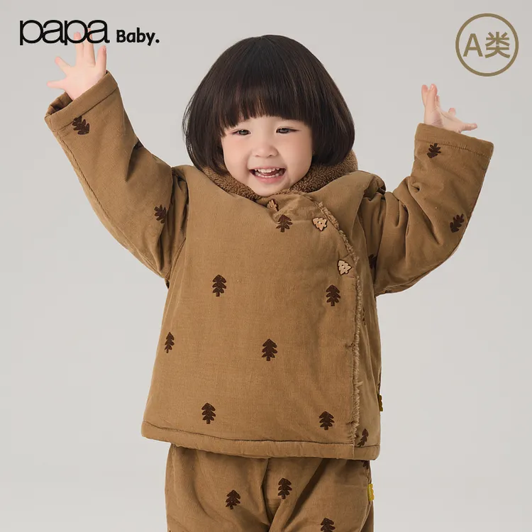 爬爬papa冬款宝宝一片式连帽造型款棉服保暖满印幼童上衣
