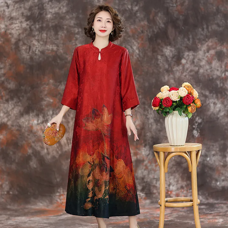 花罗香云纱连衣裙女2024春夏新款复古印花气质桑蚕丝真丝旗袍裙子