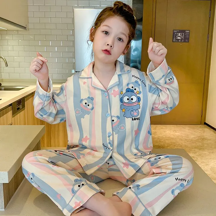 儿童睡衣女童春秋长袖纯棉薄款女孩中大童开衫卡通宝宝家居服套装