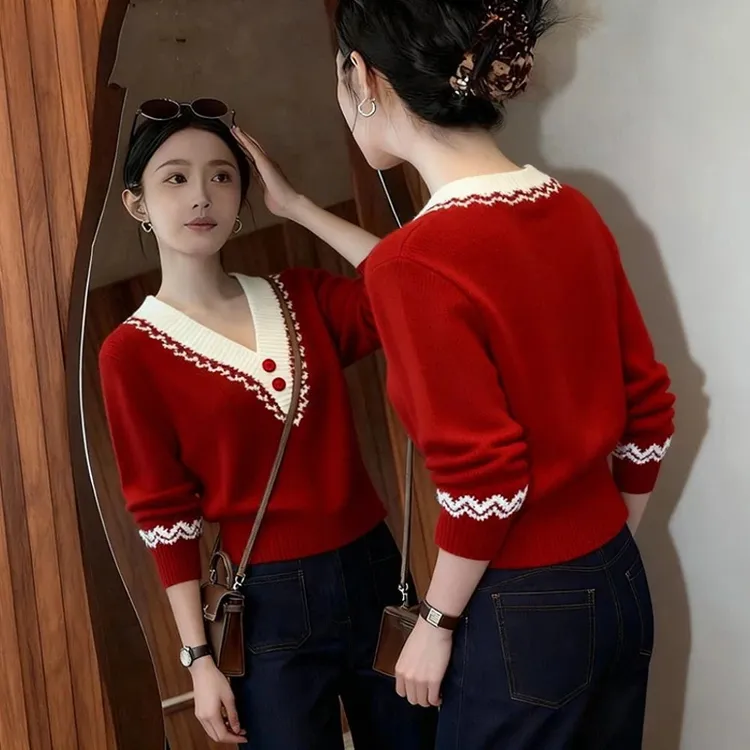 巨好看独特漂亮气质高端软糯针织衫圣诞过年红色毛衣女冬绝美上衣