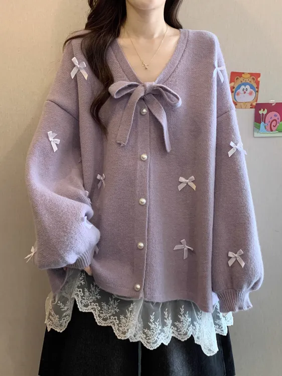 大码超好看蝴蝶结蕾丝边针织开衫女秋冬胖MM甜美宽松显瘦紫色毛衣