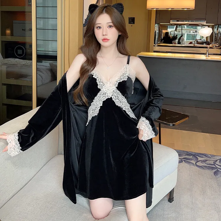 带胸垫2025年新款秋冬季性感蕾丝高级感睡衣金丝绒睡衣长袖长裤