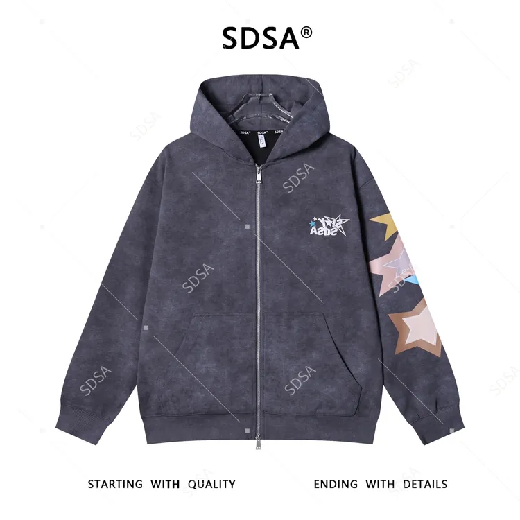 SDSA男士秋冬新款痞帅男装潮牌彩色星星字母印花拉链连帽卫衣百搭