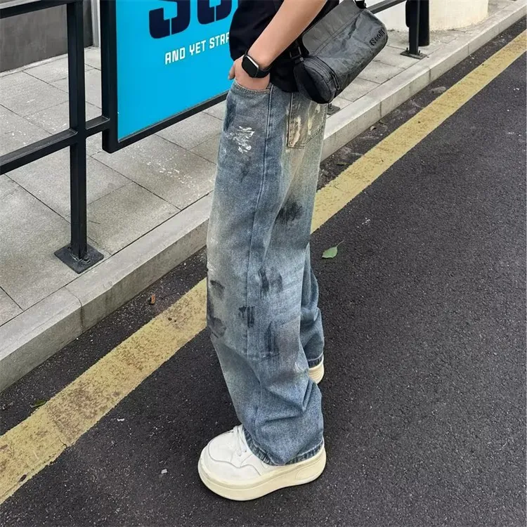 美式高街复古双腰头牛仔裤男潮宽松直筒做旧水洗割破设计感阔腿裤