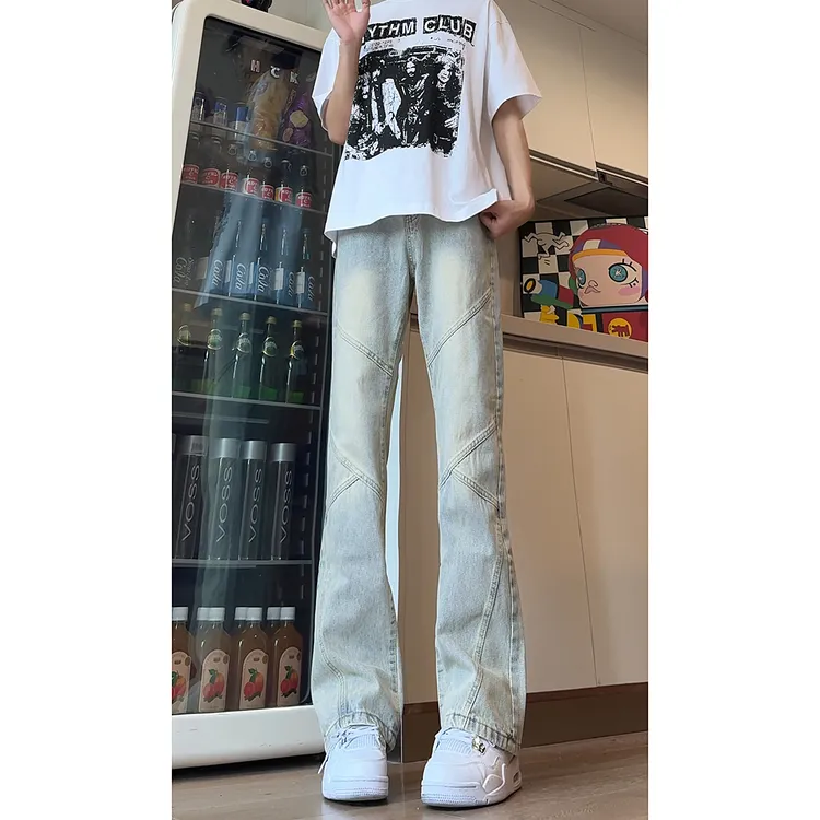 美式复古牛仔裤男款水洗做旧拼接裤子高街vibe修身显瘦直筒微喇裤