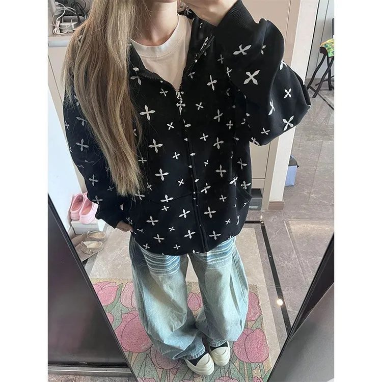 小众设计感满印十字架印花拉链卫衣女秋冬美式高街休闲宽松外套潮