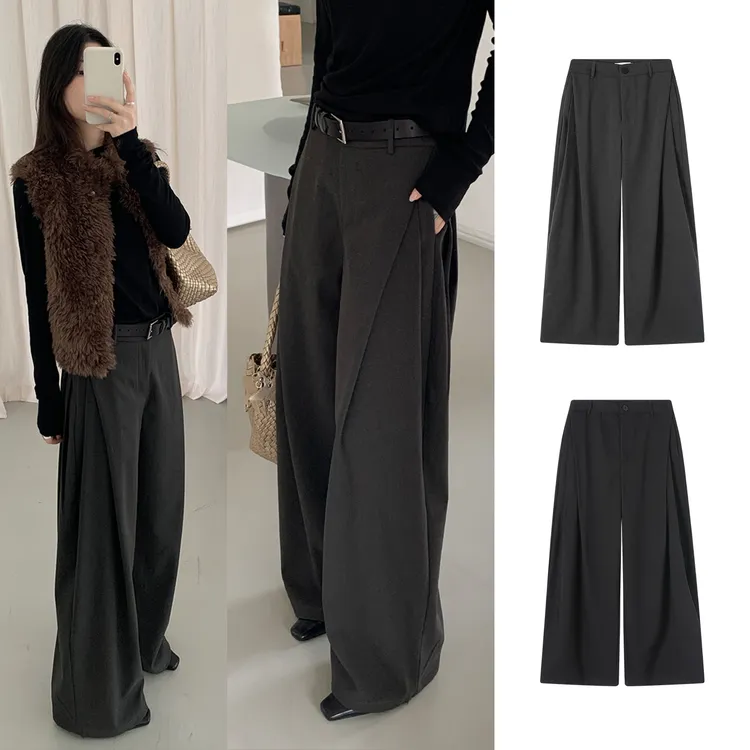 Manman #1575自制左边褶皱长裤设计款直筒裤秋冬休闲西裤子