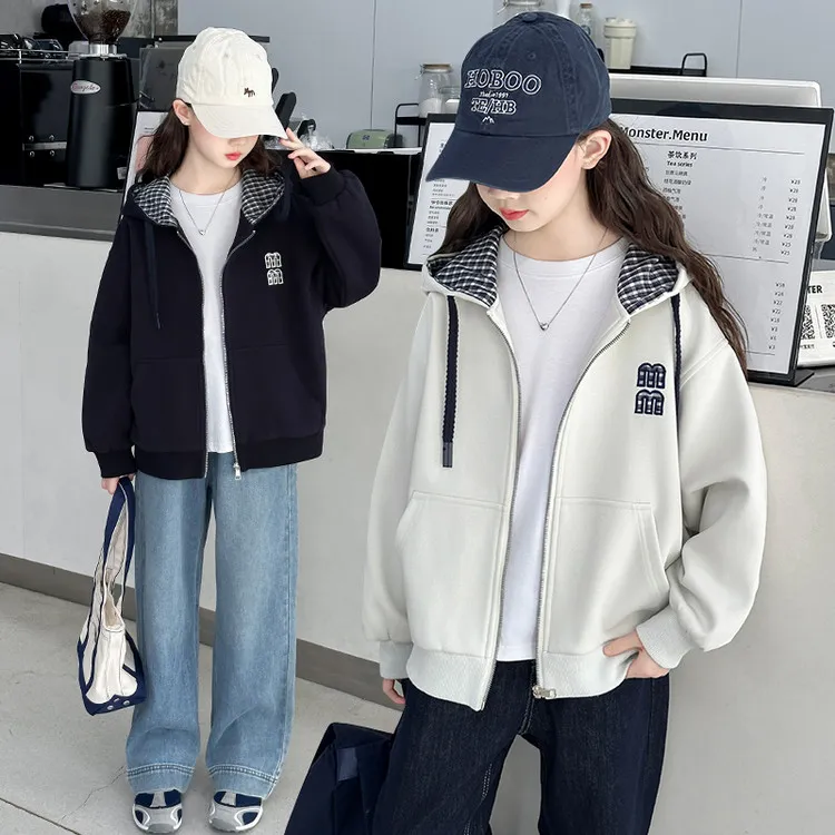 女童格子拼接连帽卫衣外套春秋2025新款洋气中大童休闲运动两