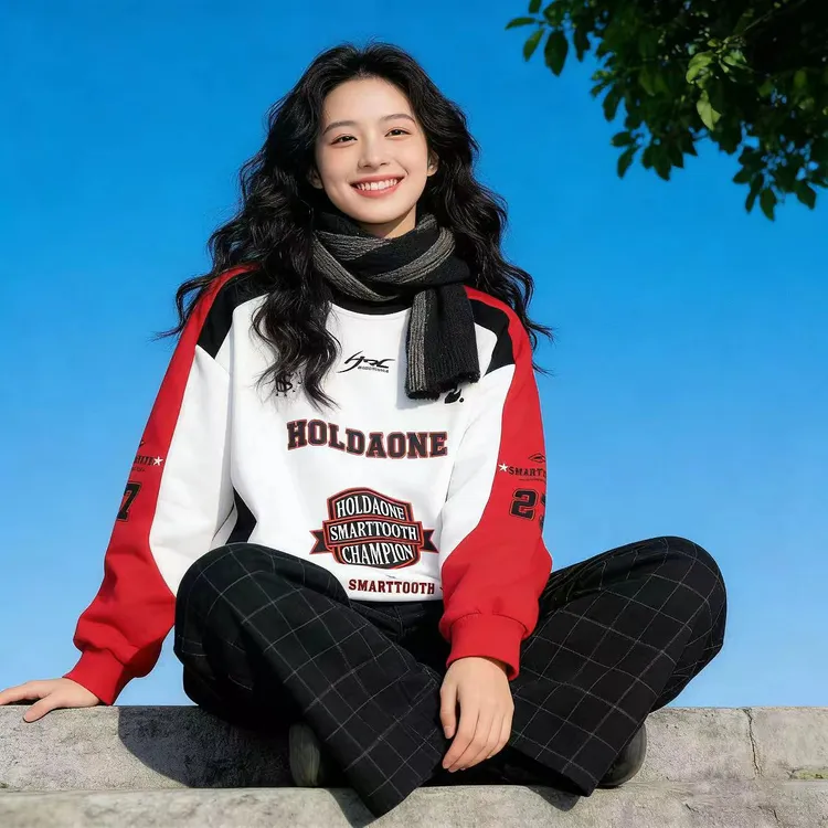 拼色圆领印花卫衣女宽松美式高街设计感特大码300斤加绒套头上衣