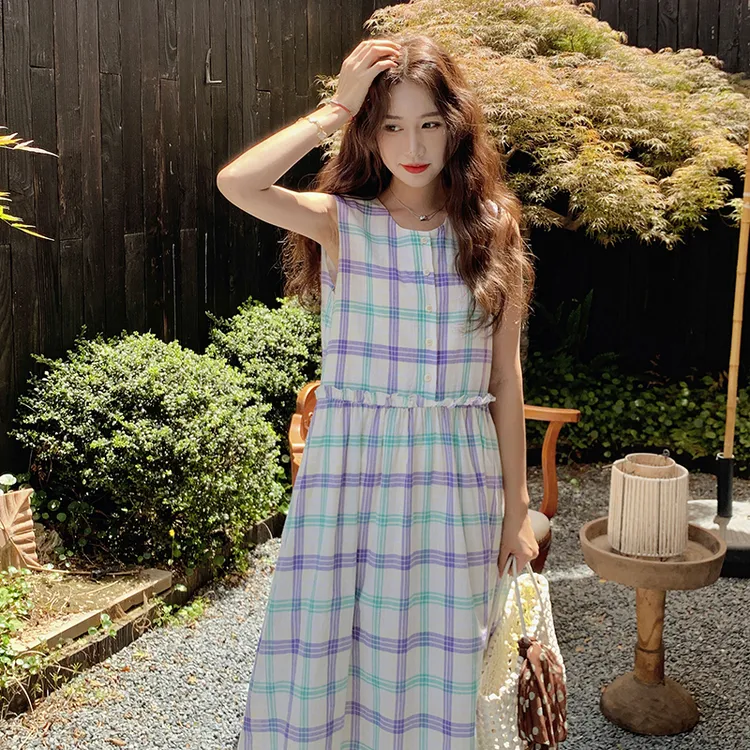 韩版宽松紫绿格子背心裙女装2025夏季新款时尚花边收腰无袖背心裙