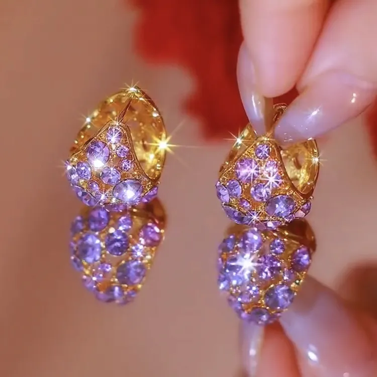 铜合金锆石耳饰 满钻紫色耳环高级耳扣2025年新款气质百搭耳饰女