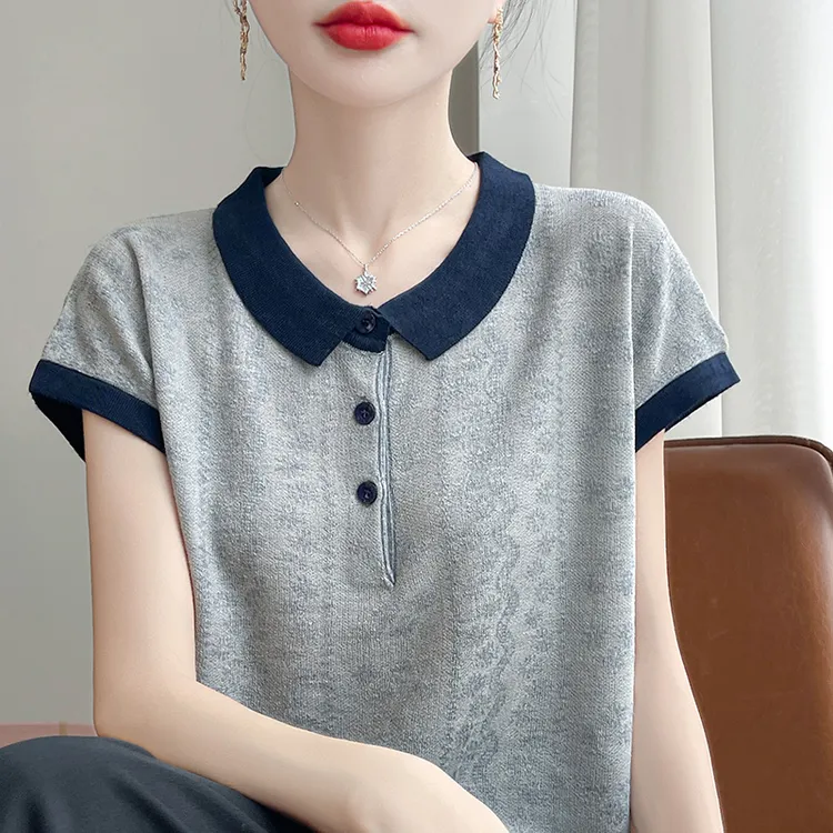 品牌时尚女装夏款polo领小飞袖T恤女百搭针织衫透气宽松显瘦薄款