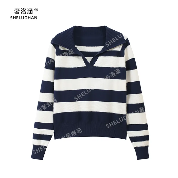 安迪绒POLO领条纹薄款针织衫女秋冬新款宽松简约撞色打底衫毛衣