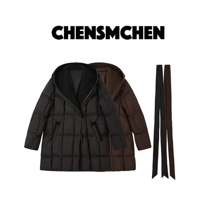 CHENSMCHEN 绵羊毛连帽拼接90鹅绒服女保暖显瘦羽绒服CSY11461WY