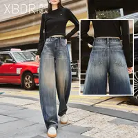 2025秋季新款怀旧风袋口专机绣线撞色牛仔裤女高腰阔腿宽松弯刀裤