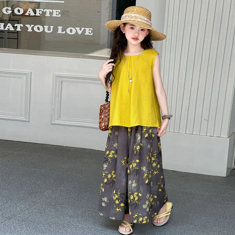 女童套装夏装2025新款洋气儿童背心娃娃衫大童雪纺碎花裙裤两件套