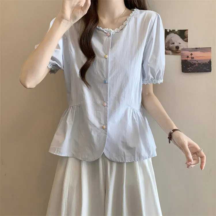 法式泡泡短袖衬衫女夏装大码胖mm高级感蕾丝花边上衣减龄漂亮小衫