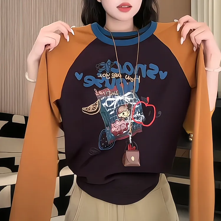复古设计感撞色印花长袖T恤女2025秋冬新款时尚百搭休闲显瘦上衣