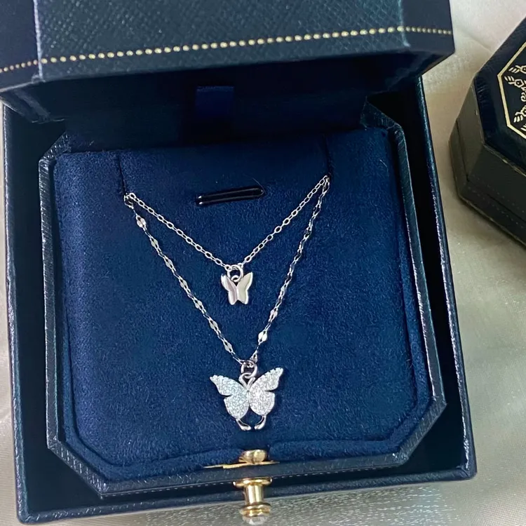 坠链均足银 999纯银双层蝴蝶项链女叠戴时髦小姨风闺蜜生日礼物
