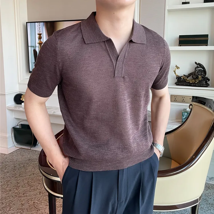 【chao薄亚麻棉混纺】高端意式海鸥领针织短袖T恤男士透气polo衫
