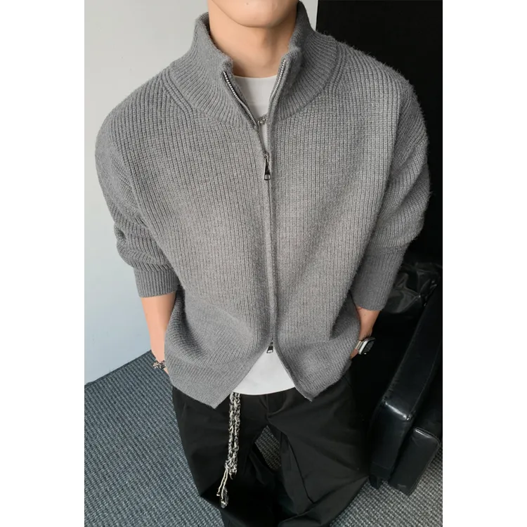 拉链立领针织开衫毛衣男秋冬加厚纯色内搭修身打底衫美式复古外套