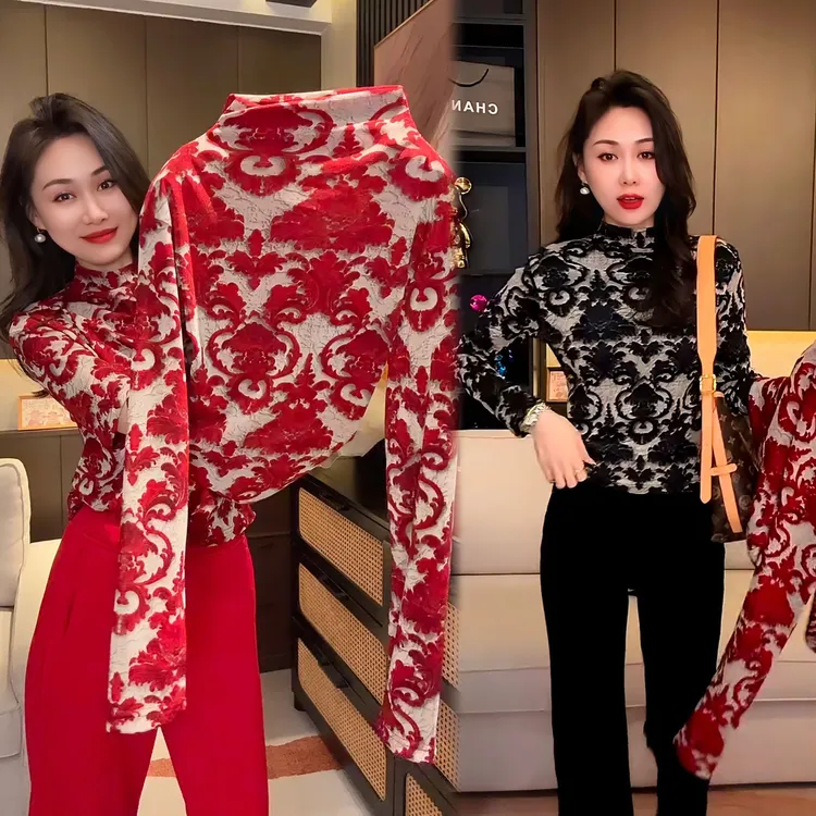 2025冬季新款新年款印花时尚纯色拼接打底女保暖修身长袖网红T恤