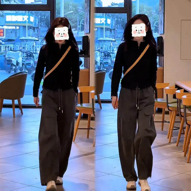 2025秋季新款设计感慵懒风长袖拉链开衫女搭配休闲阔腿裤两件套