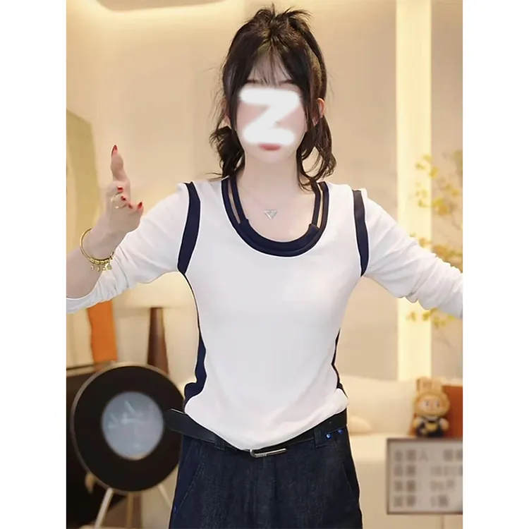 韩系拼色假两件长袖T恤女2025春秋新款休闲复古小众显瘦打底上衣