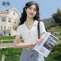 慕兔Polo领短袖t恤女ins潮2025夏新款设计感小众修身系带辣妹上衣